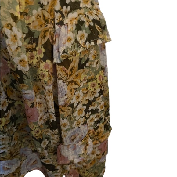 En Creme sheer floral pink gold Fairy ruffle long sleeve tie front blouse boho - Picture 8 of 9